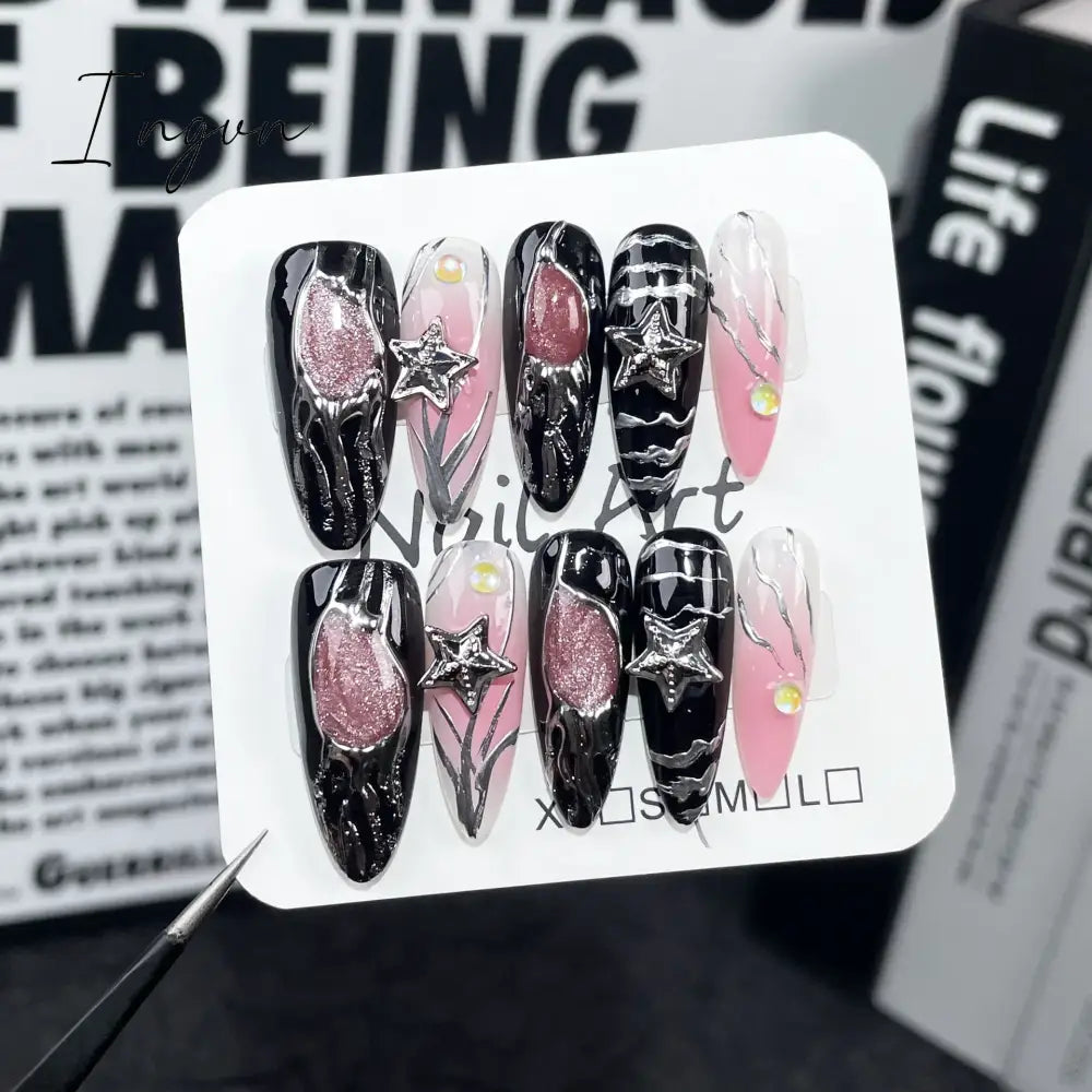 10Pcs Handmade Nails Set Press on Long Almond False Nail with Rhinestone Pink Camellia Design Reusable Full Cover Fake Nail Tips
