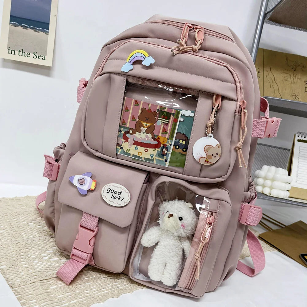 INGVN  Kawaii Aesthetic Women Backpack School Bag for Teen Girls Japanese Korean Rucksack Student Bookbags with Cute Accessor Mochila
