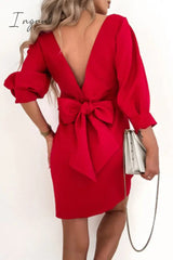Ingvn - Elegant Solid With Bow Zipper O Neck Pencil Skirt Dresses