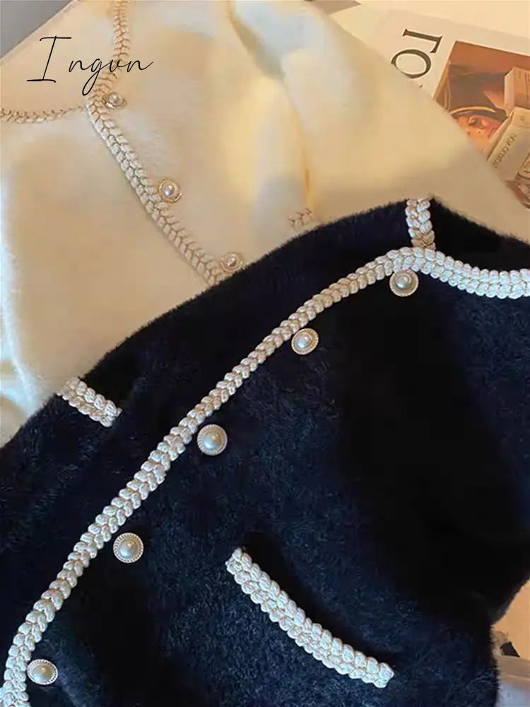 Ingvn - French Small Fragrance Pearl Button Sweater Cardigan Women's Top Gentle Mink Fleece Knit Jacket