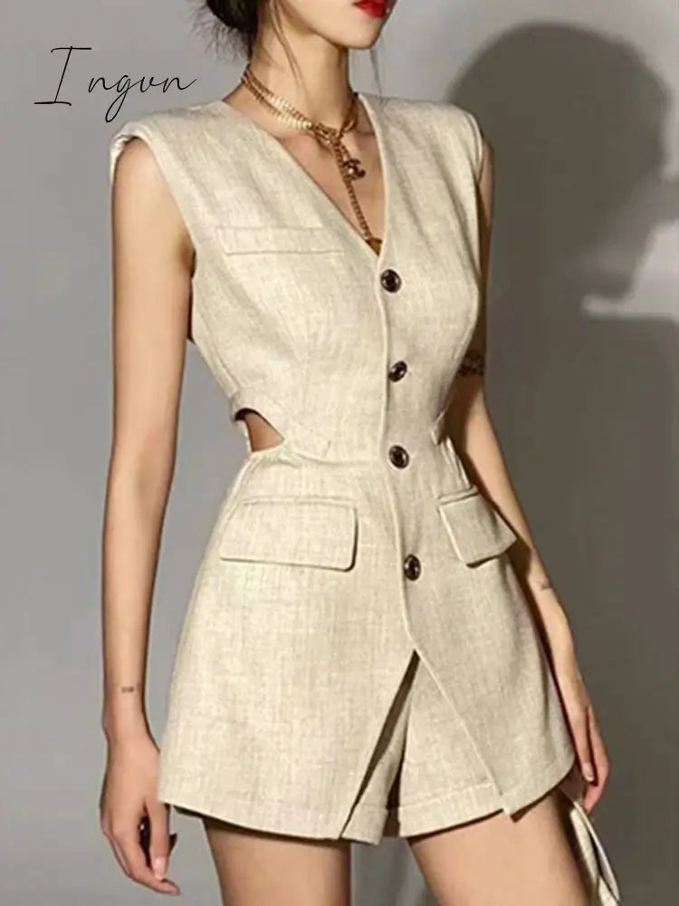 Ingvn - Beige Three Piece Sets Female V Neck Sleeveless Hollow Out Slim Vest Loose Top High Waist Shorts Slim Set For Women