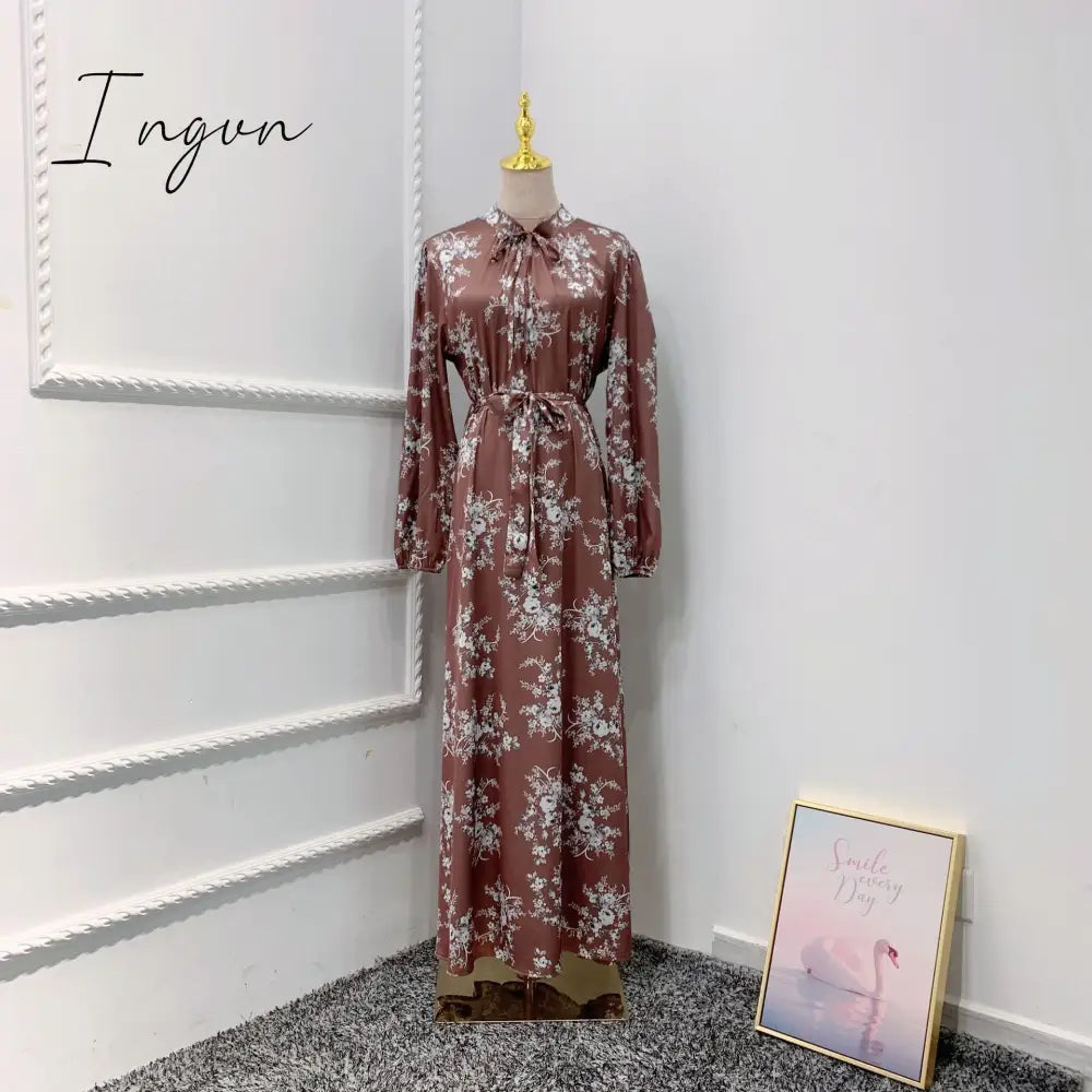 Ingvn - New Morocco Long Dress Muslim Women Flowers Printed Silky Long Abayas Robes Fancy Maxi Dress French Stylish Islamic Dress Belt