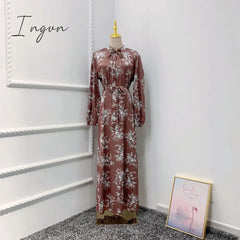 Ingvn - New Morocco Long Dress Muslim Women Flowers Printed Silky Long Abayas Robes Fancy Maxi Dress French Stylish Islamic Dress Belt