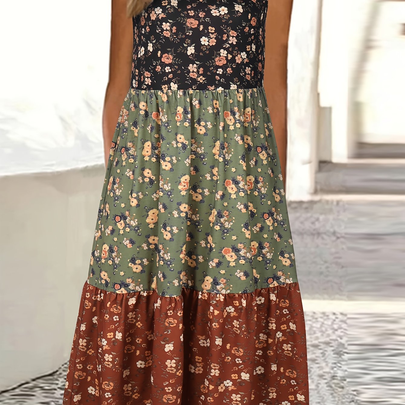 Fashionable Color Block Floral Print Tank Dress - Stylish Crew Neck, Flouncy Tiered Ruffles, Sleeveless - Versatile Casual Womens Summer Wear