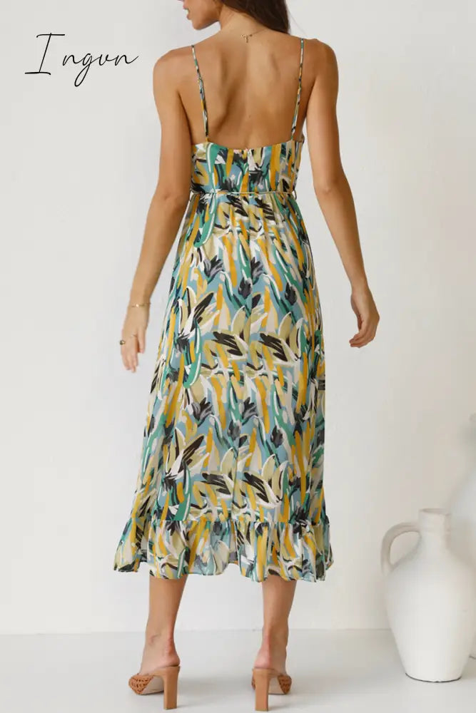 Ingvn - Fashion Print Patchwork Spaghetti Strap Cake Skirt Dresses
