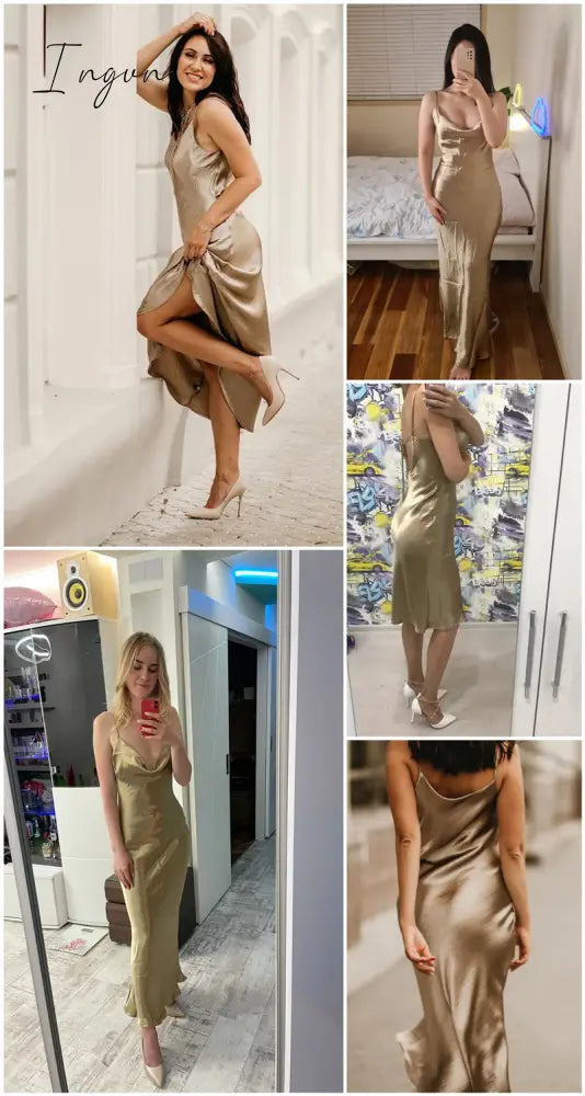 Ingvn - Summer Dresses For Women Sexy Spaghetti Strap Backless Summer Dress Women Satin Lace Up Trumpet Long Dress Elegant Bodycon Party Dresses