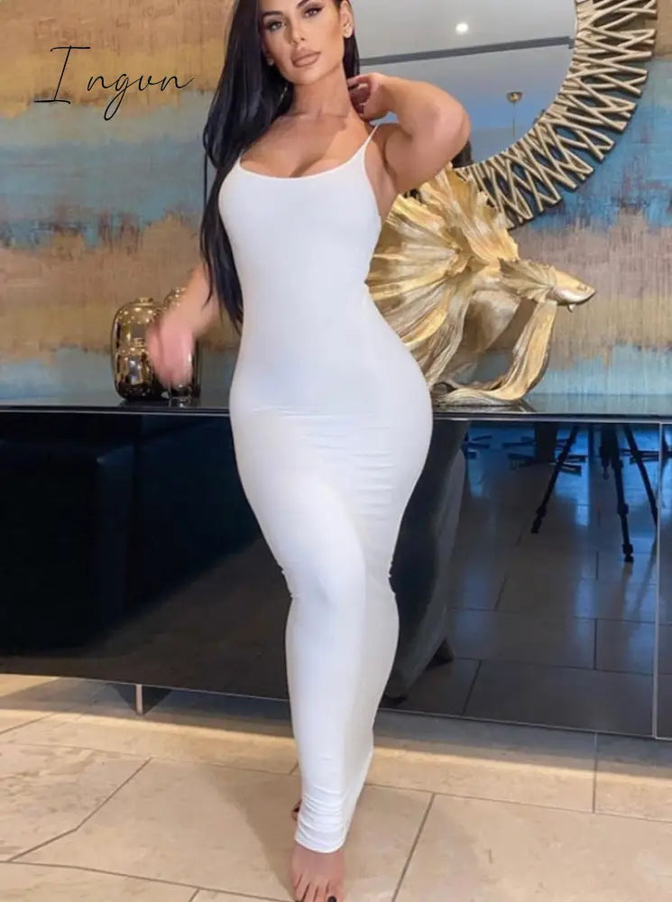 Ingvn - Summer Dresses For Women White Bodycon Slip Maxi Dress for Women's Summer Sexy Party Evening Elegant Backless Birthday Straps Wrap Long Dresses Woman
