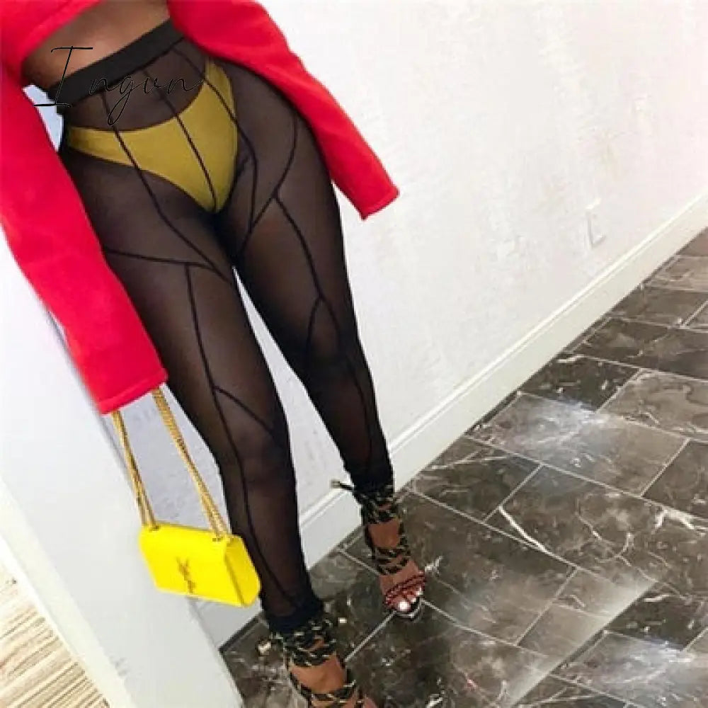 Ingvn - New Sexy See-through Black High Waist Long Trousers Casual Sweatpants Women Autumn Elastic Pencil Pants Mesh Leggings