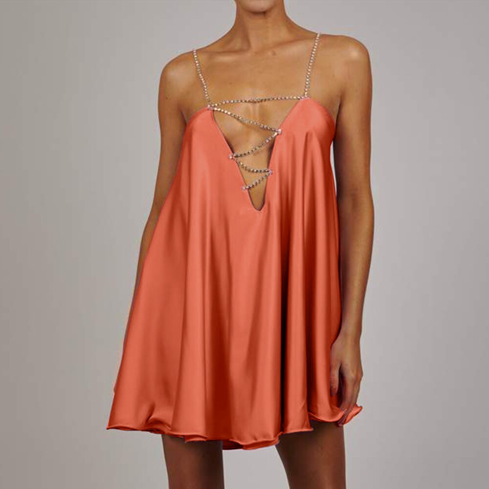 Diamante Chain Satin Low Back Swing Dress With Iridescent Crystal Straps and Neck Sexy Celebrity Party Elegant Women Dress