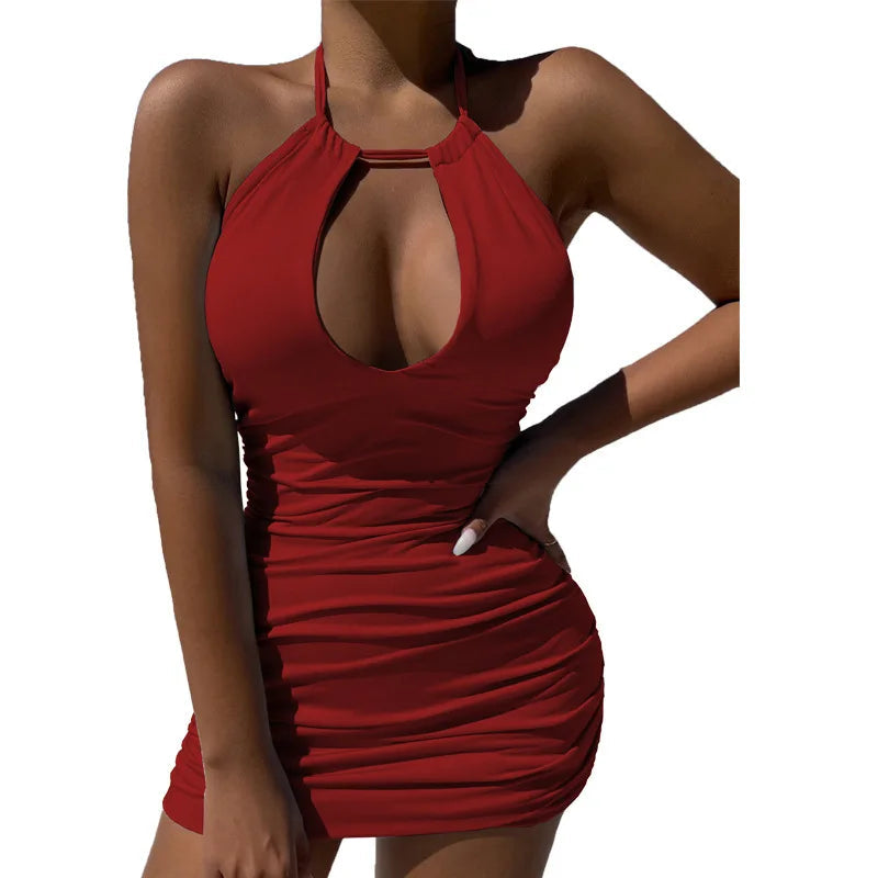 Y2K Summer new lace up Halter backless dress European and American sexy hollow pleated Hip Wrap Skirt