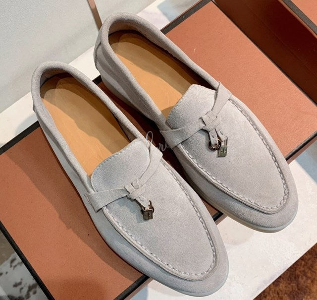 Trend New Kidsuede Women Flat Shoes Lazy Slip-on Metal Loafers Lady Casual Walk Shoes Woman Single Shoes Summer Real Leather