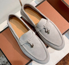 Trend New Kidsuede Women Flat Shoes Lazy Slip-on Metal Loafers Lady Casual Walk Shoes Woman Single Shoes Summer Real Leather