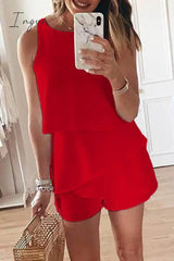 Ingvn -  Solid Color O Neck Ruffle Romper(3 Colors)