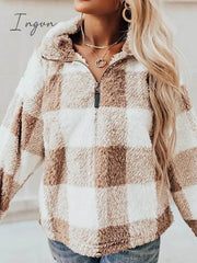 Ingvn - Women's Sweatshirt Pullover Fuzzy Teddy Quarter Zip Red Khaki Plaid Casual V Neck Long Sleeve Fleece Top Micro-elastic Fall & Winter
