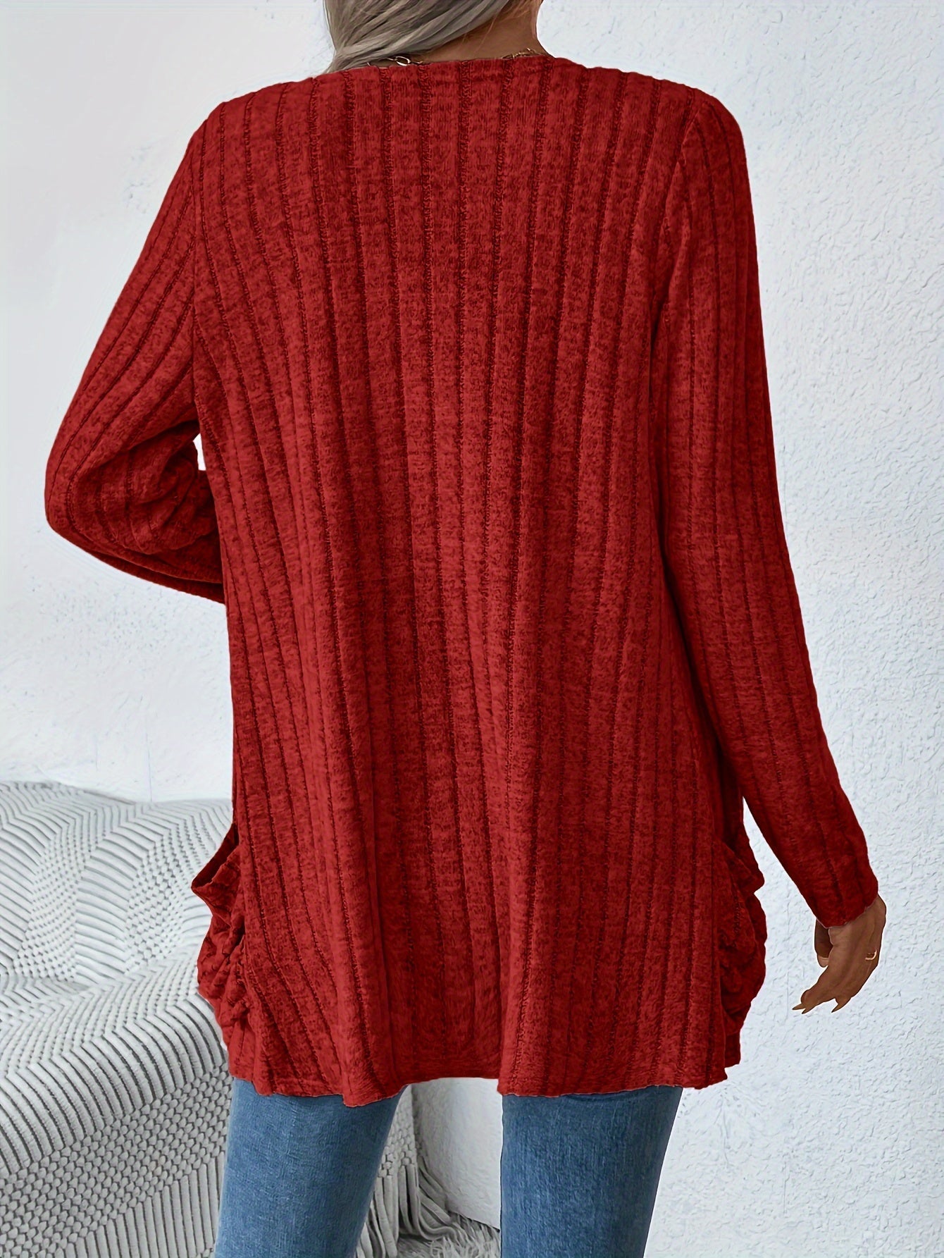 Cozy Ribbed Cardigan - Casual Jackets for Women with Dual Pockets and Long Sleeves for Spring and Fall - Soft, Open Front, and Versatile