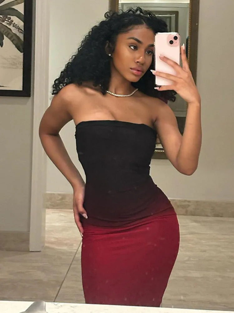 Off-shoulder Backless Sexy Maxi Dress For Women Gown Gradient Strapless Sleeveless Bodycon Club Long Dress Vestido