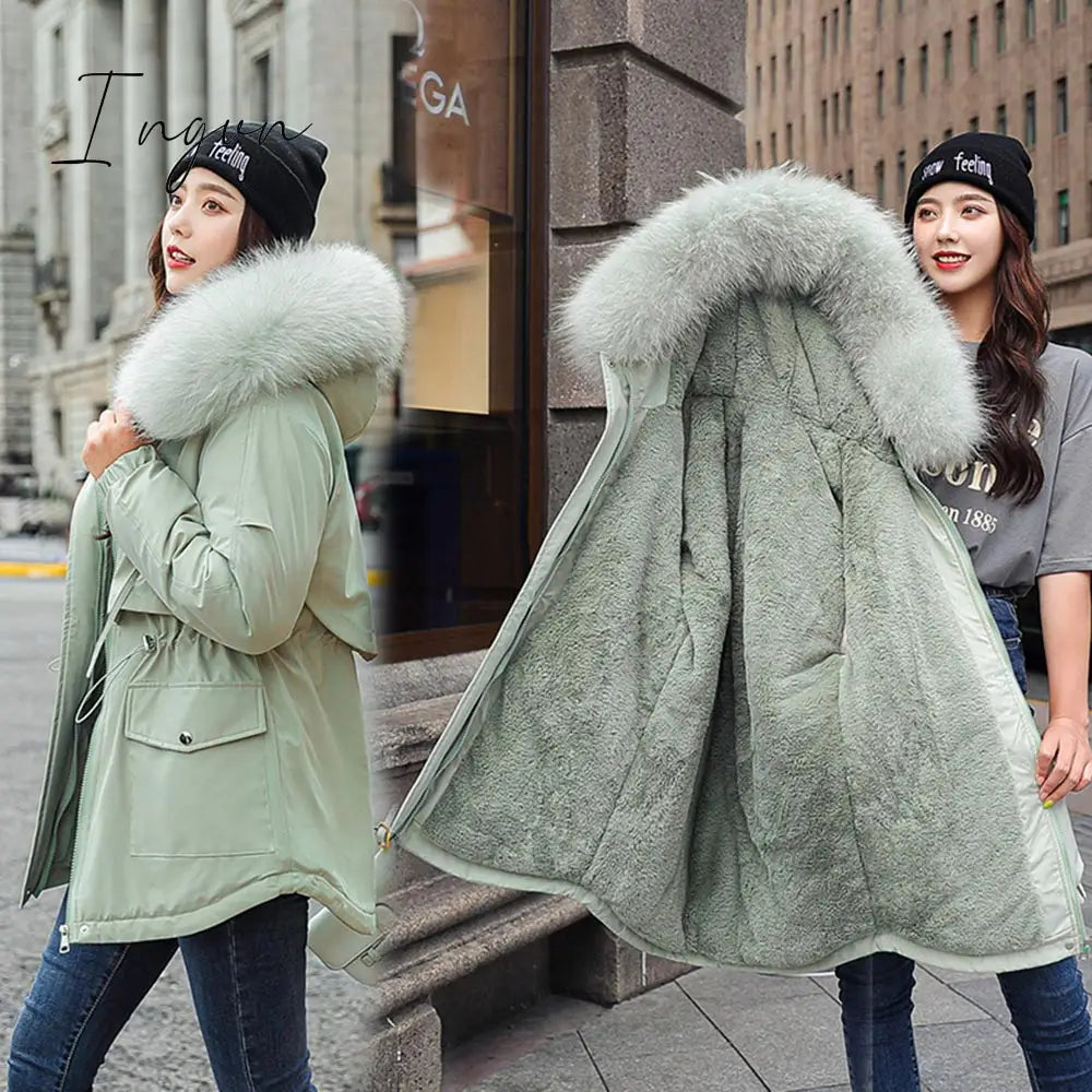 Ingvn - New Cotton Thicken Warm Winter Jacket Coat Women Casual Parka Winter Clothes Fur Lining Hooded Parka Mujer Coats Jacket