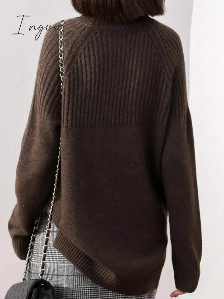 Ingvn - Ladies Sweater 2023 New In High Collar Autumn/Winter Women's Pullovers Sweater Solid Color Loose Women's Winter Blouse Jumpers