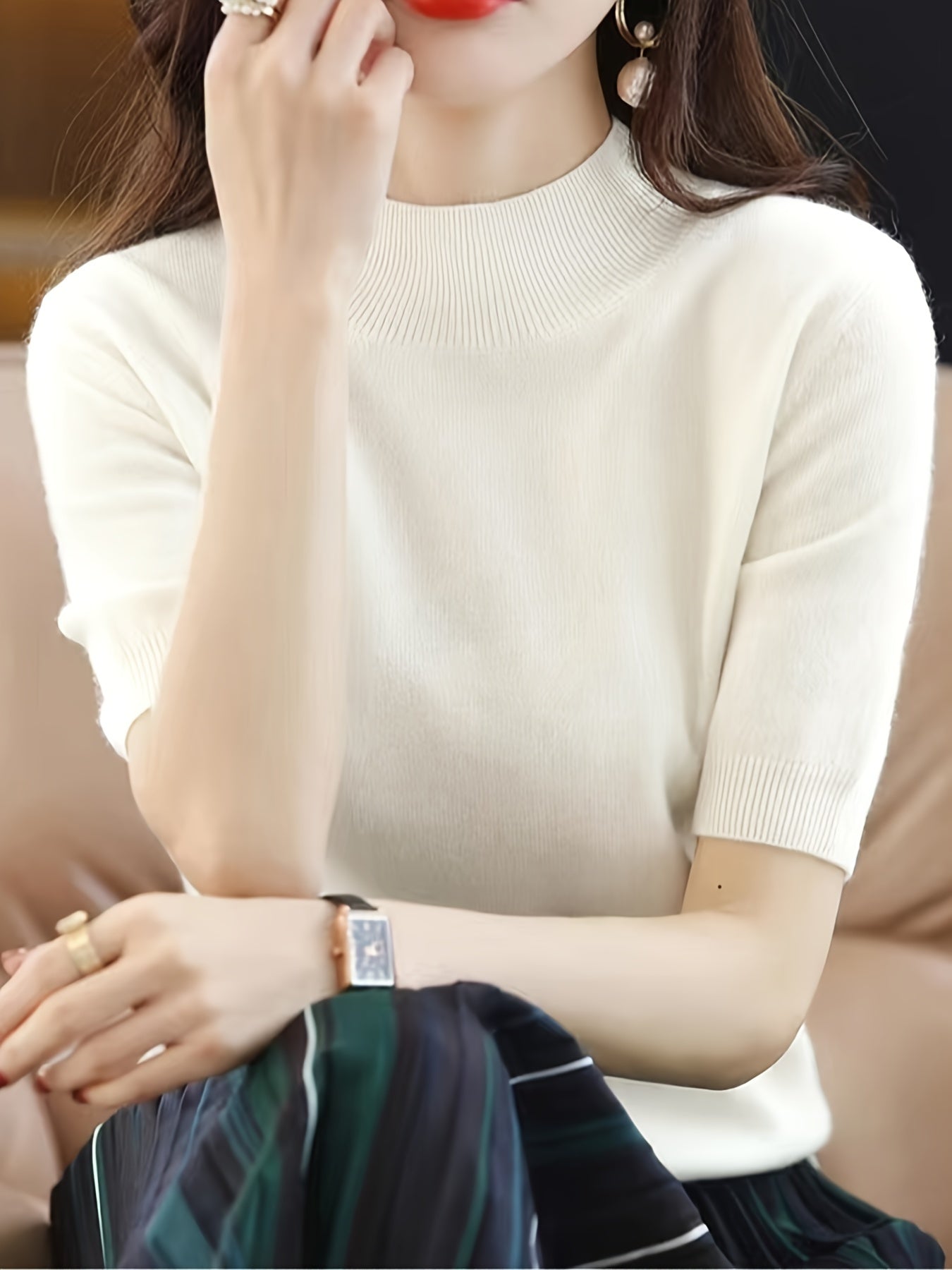 Premium Soft Knit Womens Sweater - Chic Mock Neck, Short Sleeve Pullover - Stylish & Elegant Wardrobe Staple