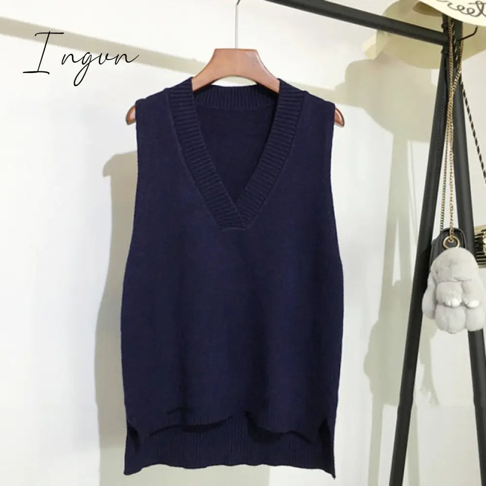 Ingvn - V-neck knitted Vest Women's Sweater Autumn And Winter New Korean Loose Wild Pink Sweater Vest Women Sleeveless Sweater 11810
