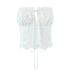 Women Hollow Out Embroidery White Strapless Top Sexy Backless Lacing Up Back Holiday Summer Crop Top Cotton