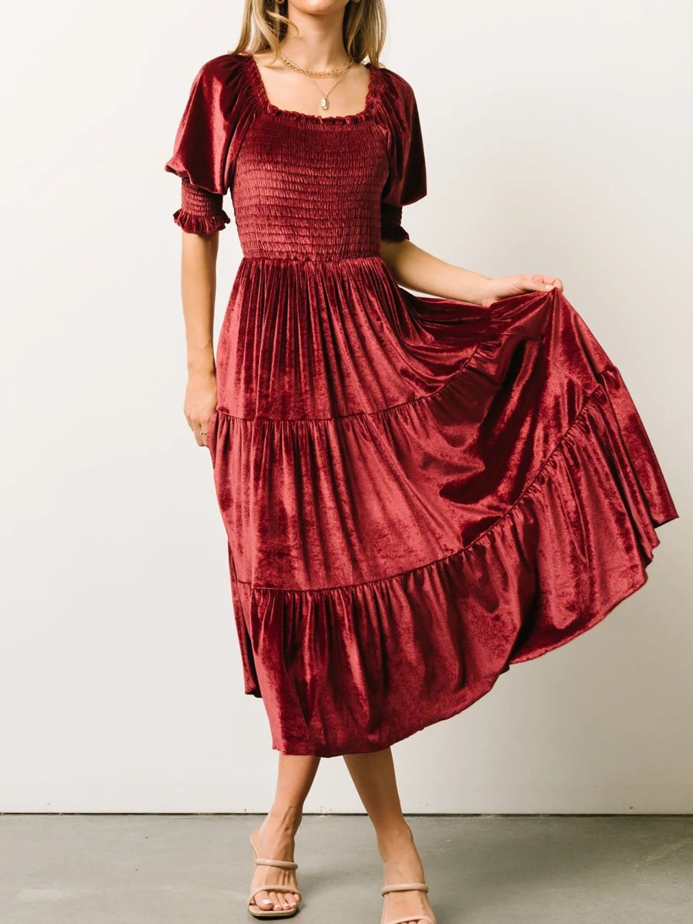 Smocked Half Sleeve Tiered Midi Dress