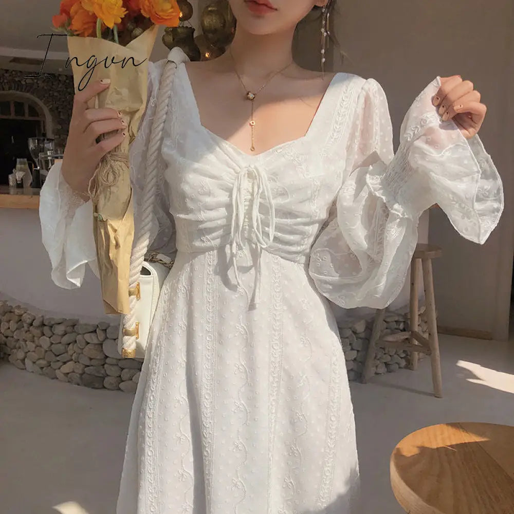Ingvn - Vintage Fairy Dress Women Elegant Designer Chiffon Dress Long Sleeve French Party Midi Dress Casual Women's Clothing Autumn