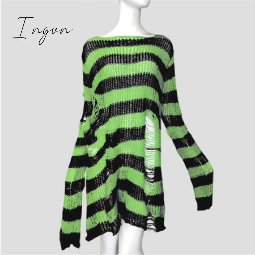 Ingvn - Plus Size Punk Gothic Long Unisex Sweater Dress Women Man Striped Cool Hollow Out Hole Broken Jumper Loose Rock Thin Sweter