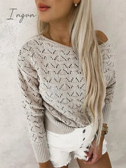 Ingvn - Women's Pullover Sweater Jumper Jumper Ribbed Knit Hollow Out Solid Color Off Shoulder Stylish Casual Outdoor Home Summer Fall Beige S M L