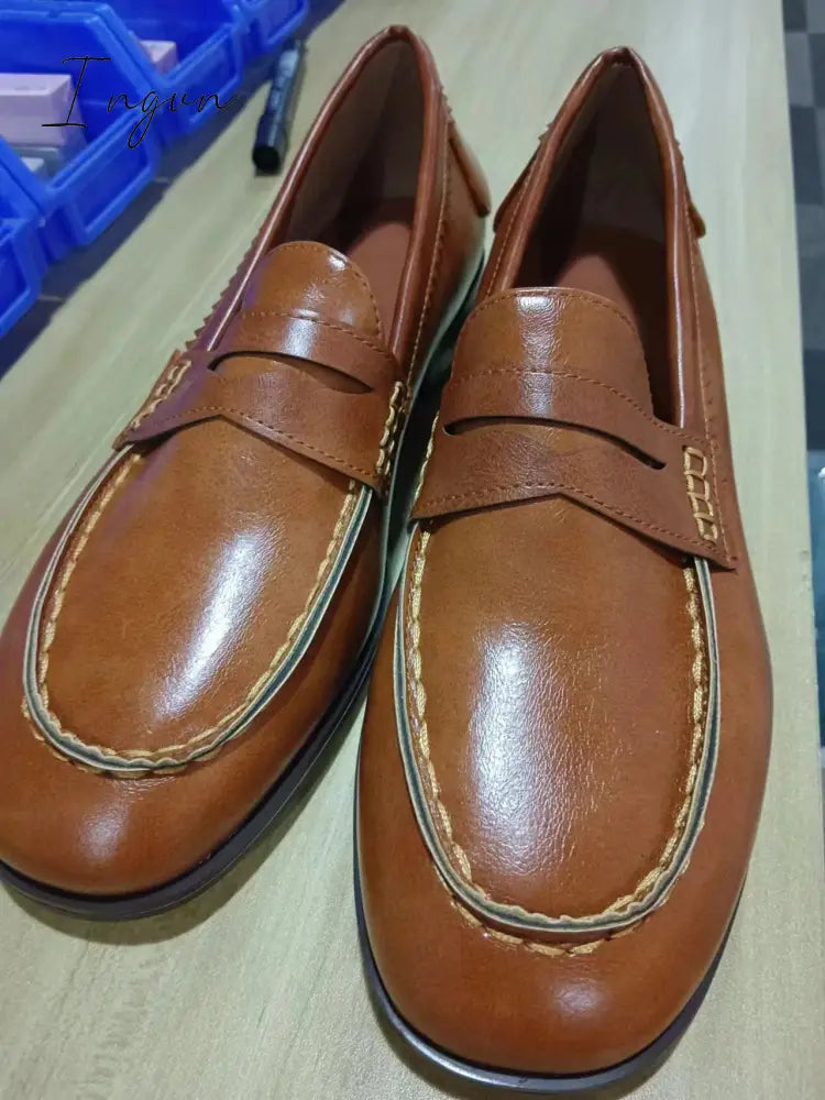 Ingvn - Women Vintage Slip On Loafers Low Heel Pu Leather Loafers