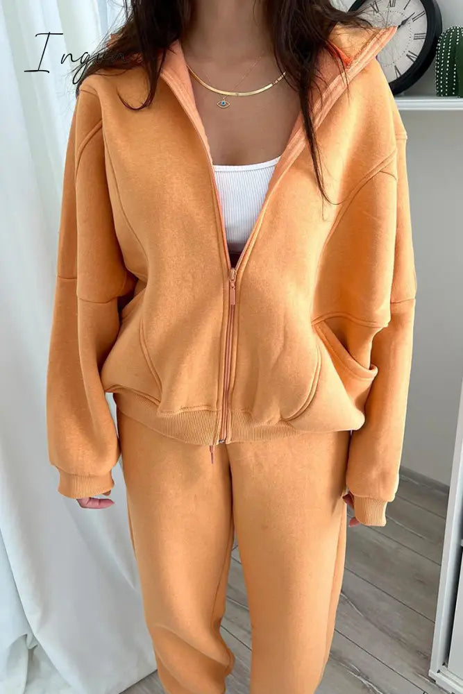 Ingvn - Casual Simplicity Solid Draw String Hooded Collar Long Sleeve Two Pieces