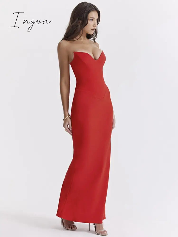 Ingvn - Strapless Off-shoulder Sexy Maxi Dress For Women Gown Fashion Elegant With Fishbone Bodycon Night Club Party Dress