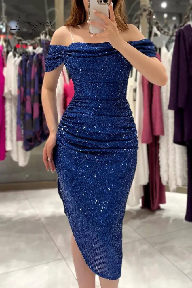 Ingvn - Sexy Solid Sequins Slit Off the Shoulder Evening Dress Dresses
