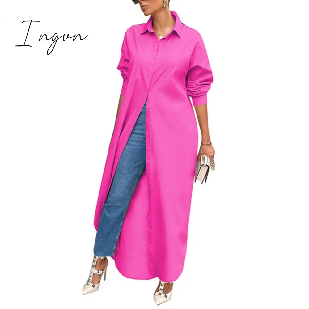 Ingvn - Women Shirt Windproof Shirt Dress Versatile Arc Hem  Stylish Autumn Winter Solid Color Shirt Long Dress