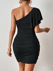 Solid One Shoulder Ruched Dress, Elegant Flutter Sleeve Bodycon Asymmetrical Dress For Banquet & Party, Women's Clothing Wedding/Evening dress/Occasion/Engagement/Ceremony