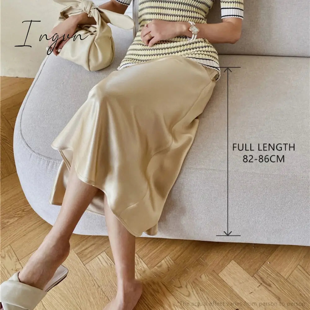 Ingvn - Women High Waisted Skirt  Silk Satin Skirts  A-Line Elegant Skirts Summer Pink Midi Skirt New Korean Style  pencil skirt 2023