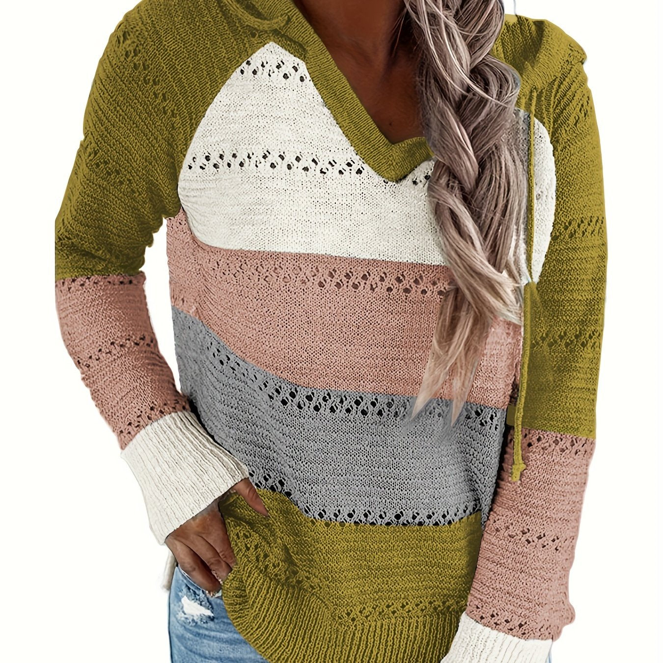 Color Block Drawstring Hooded Sweater, Casual Long Sleeve Sweater For Fall & Winter, Women's Clothing
