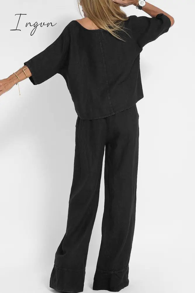 Ingvn - Casual Simplicity Solid Pocket O Neck Three Quarter Two Pieces