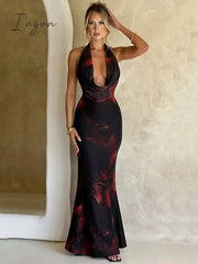 Ingvn - Halter Deep V Neck Backless Maxi Dress For Women Robe New Sleeveless Bodycon Club Party Sexy Print Long Dress Vestidos