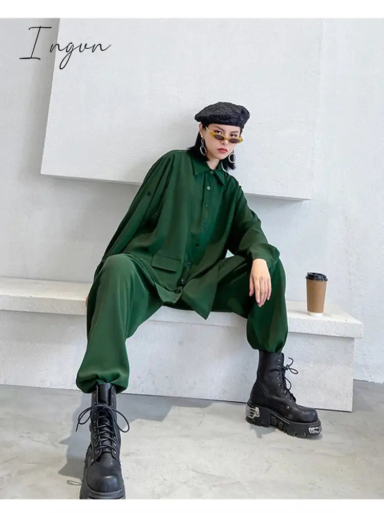 Ingvn - Wide Leg Pants Irregular Big Size Two Piece Suit New Lapel Long Sleeve Loose Fit Women Fashion Spring Autumn