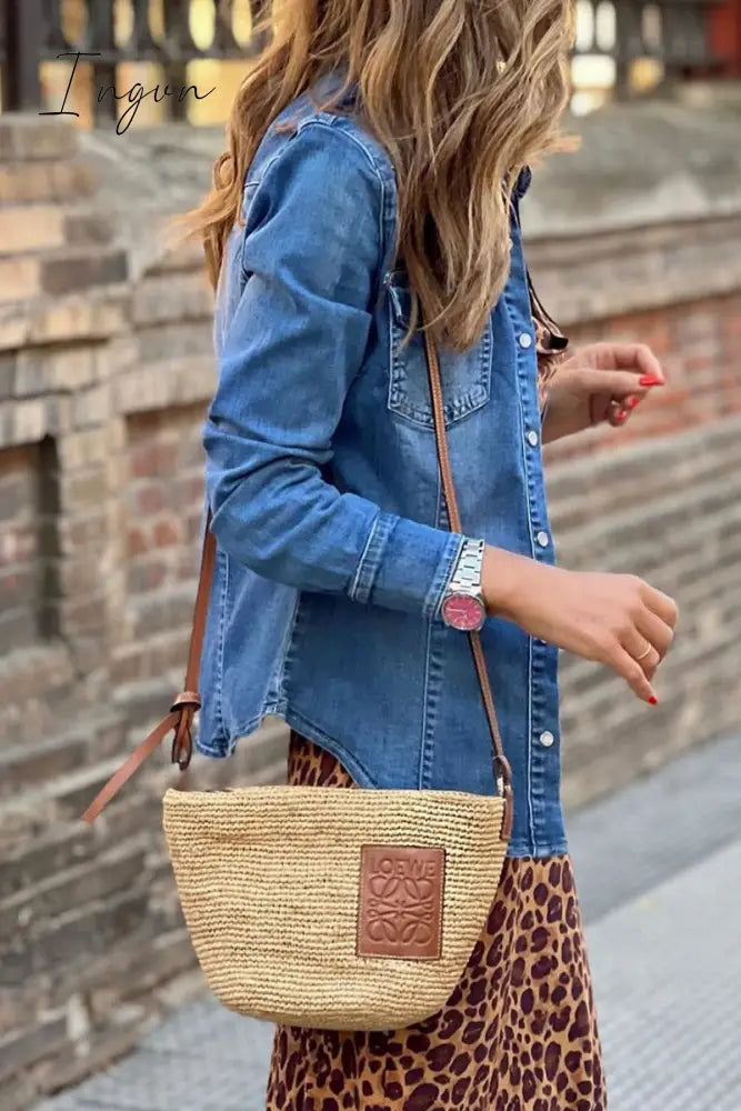 Ingvn - Street Solid Pocket Turndown Collar Long Sleeve Loose Denim Jacket