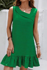 Ingvn - Elegant Solid Flounce Fold Oblique Collar Sleeveless Dress Dresses