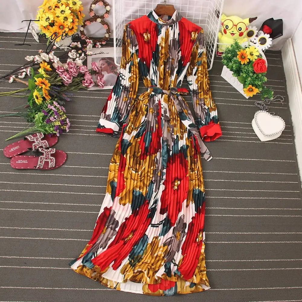 Ingvn - Autumn New Dress Temperament Turtleneck Waist Slim Long Sleeves Lace Up Wild Floral Maxi Vestidos UK016