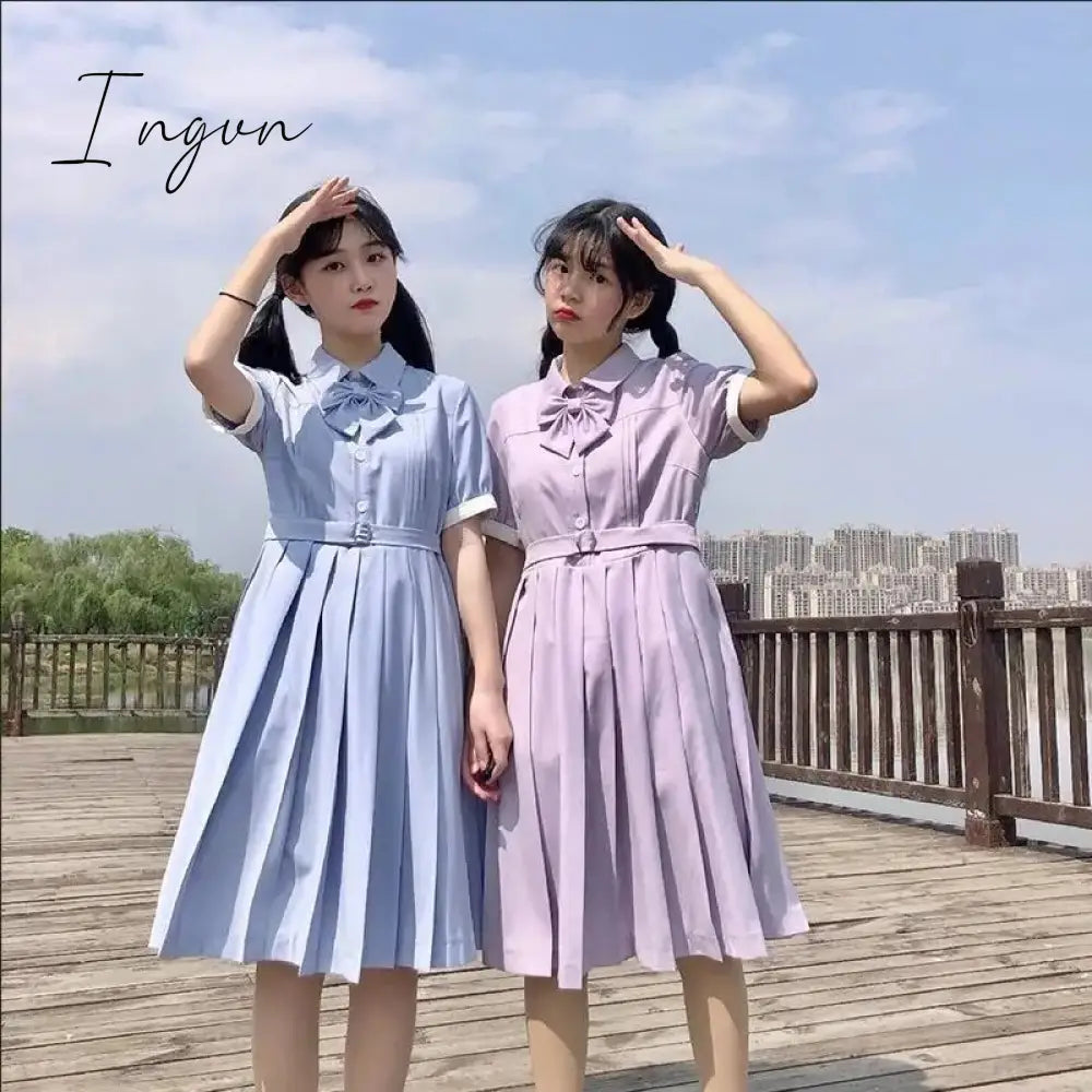 Ingvn - Harajuku Sailor Collar Navy Dress Japanese Lolita Sweet Bow-knot Girl Retro Cotton Kawaii Preppy Style Short Sleeve Dress Women
