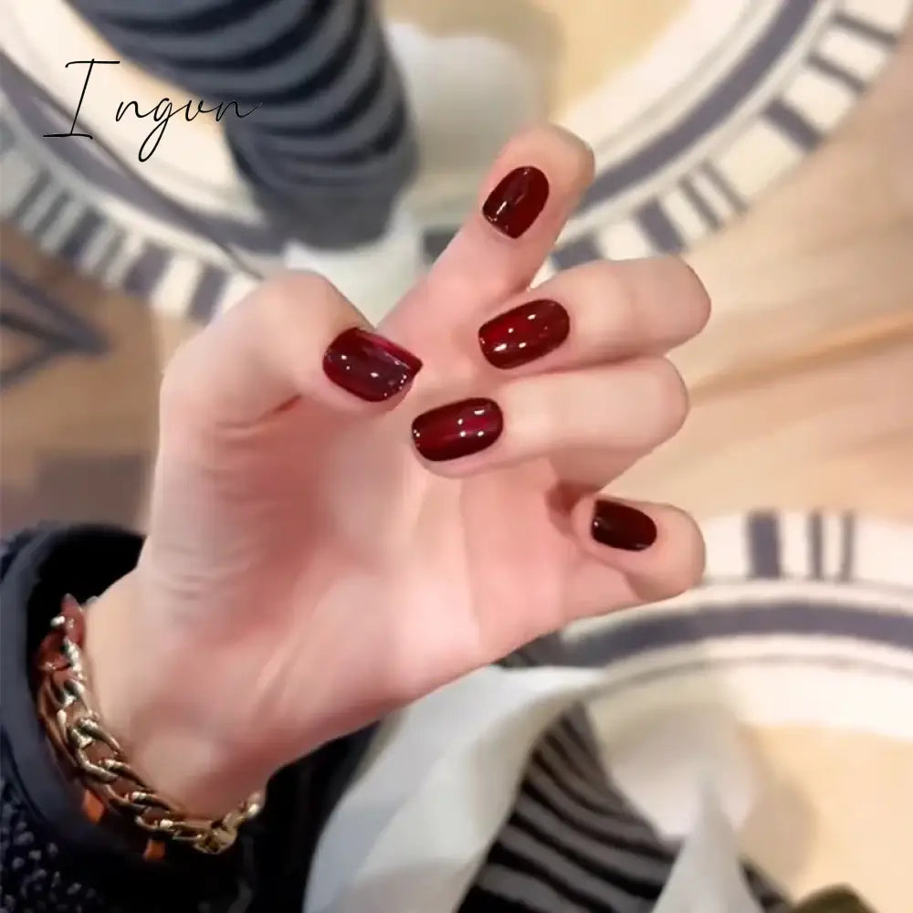 24pcs detachable cat eyes red wine false nails with glue full cover ballet square almond shiny acrylic press on fake nails tips