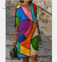 Ingvn - New Women Printing Dress Summer V-Neck Half Sleeve A-Line Dresses Female Retro litera Vintage Loose Dress Vestidos