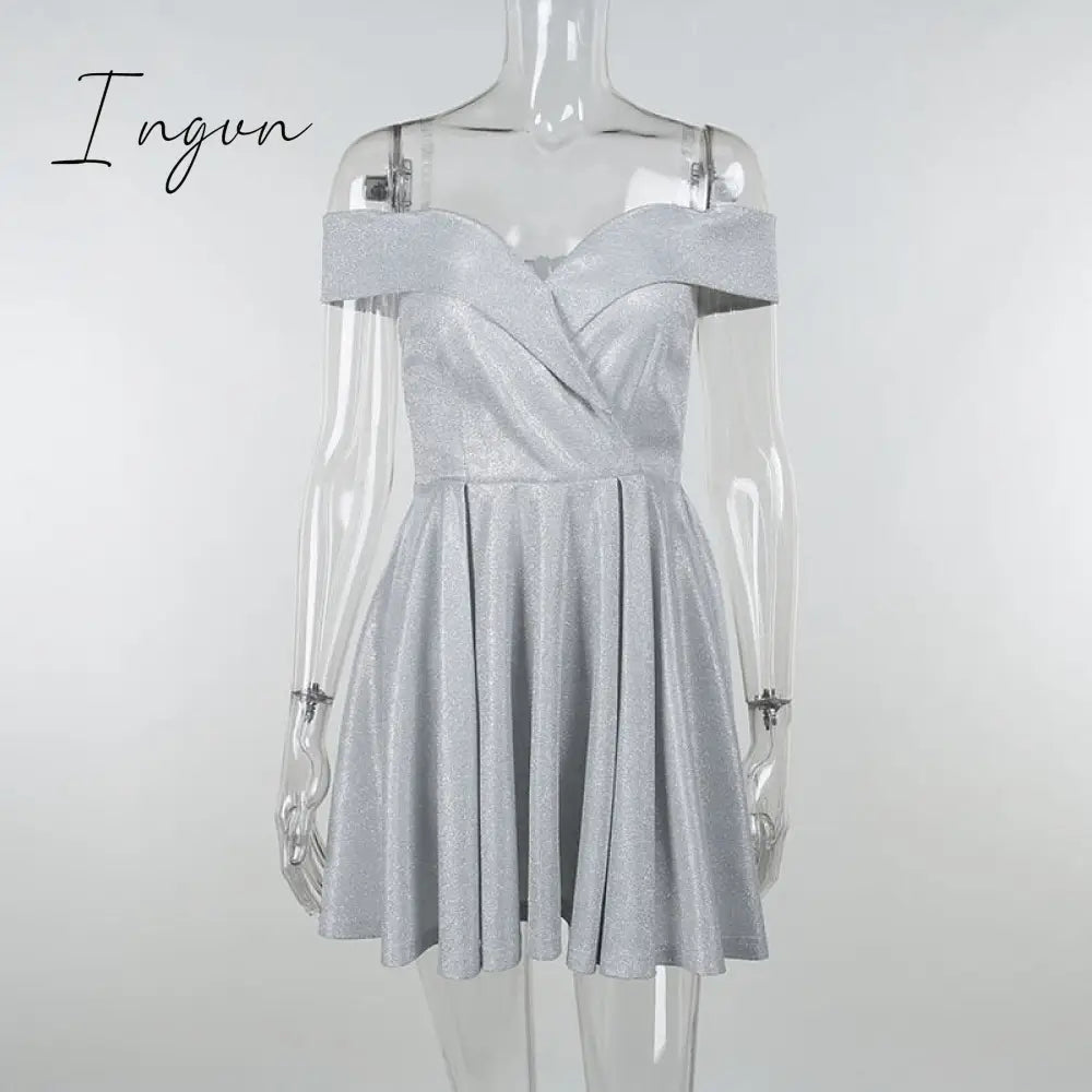 Ingvn - Summer Outfits Women Bling Glitter Women Off Shoulder A Line Mini Dress Pleated Party Elegant Festival Evening Autumn Winter Clothes