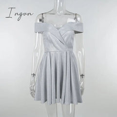 Ingvn - Summer Outfits Women Bling Glitter Women Off Shoulder A Line Mini Dress Pleated Party Elegant Festival Evening Autumn Winter Clothes