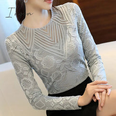 Ingvn - Autumn and Winter Plus Velvet Lace Bottoming Shirt Women's Long Sleeve Hollow Korean Round Neck Slim Warm Mesh Shirt