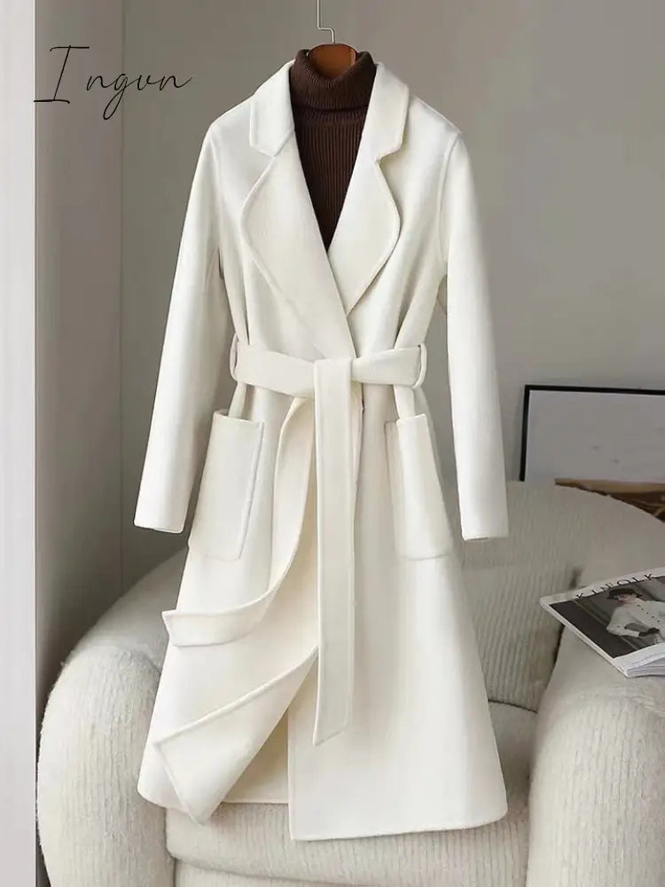 Ingvn - White double-sided cashmere coat women's mid-length over-the-knee autumn new high-end slim Australian wool woolen coat